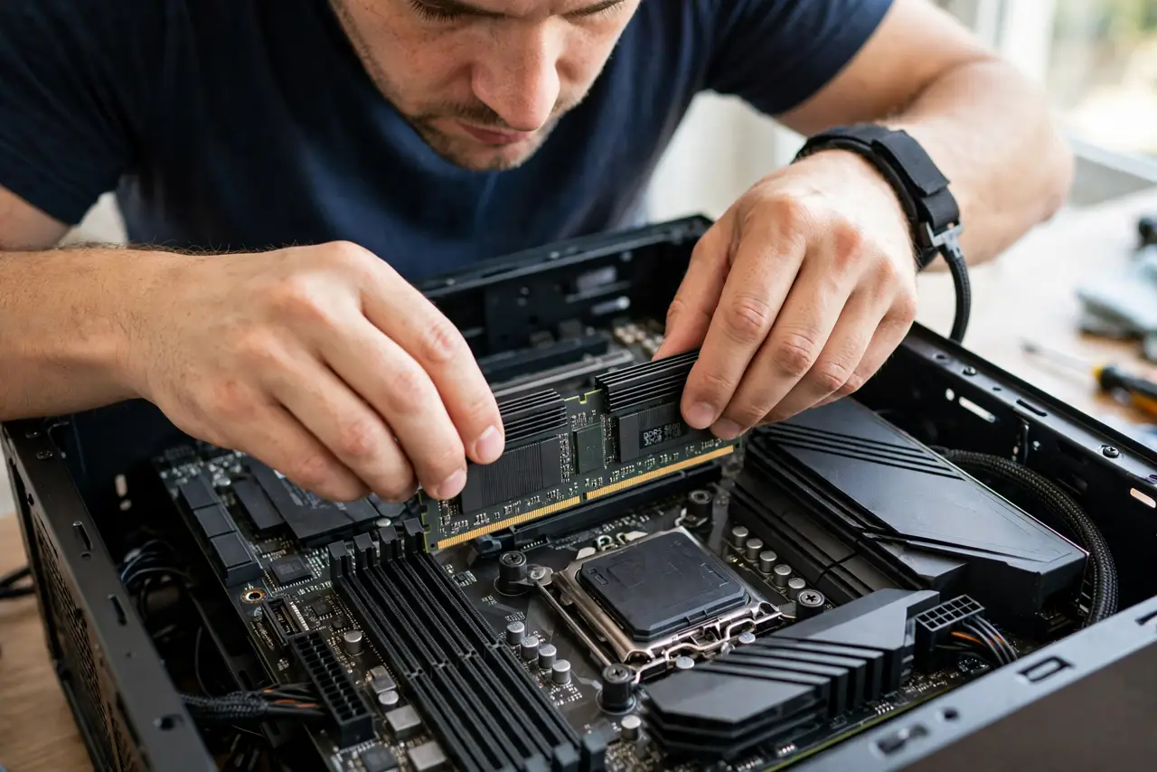 A focused adult installing a real RAM stick into a motherboard inside an open desktop case, the RAM slot visible, the person pressing the stick down carefully.