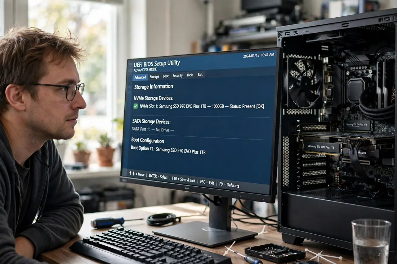 A person performing the first step: Confirm the SSD appears in firmware setup. If the drive is not listed at all, stop.