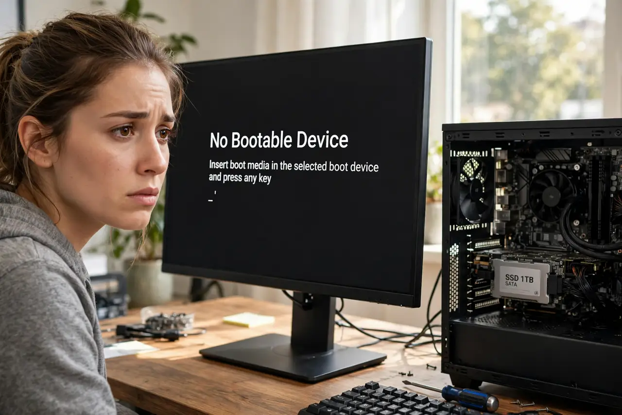 A person looking at a real desktop monitor showing a 'no bootable device' message in legible text, an open PC case