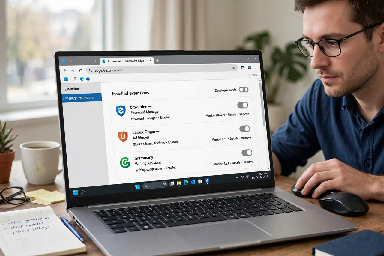 An adult scanning the browser extensions list for unknown entries.
