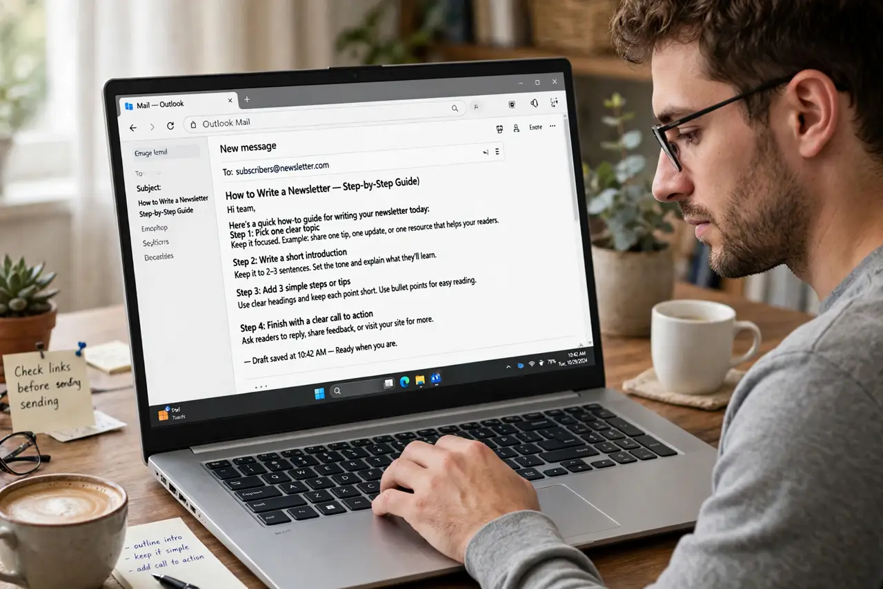 a person typing a newsletter on a real laptop showing an email editor with legible text, a coffee cup beside it, the person's face thoughtful, cozy desk.