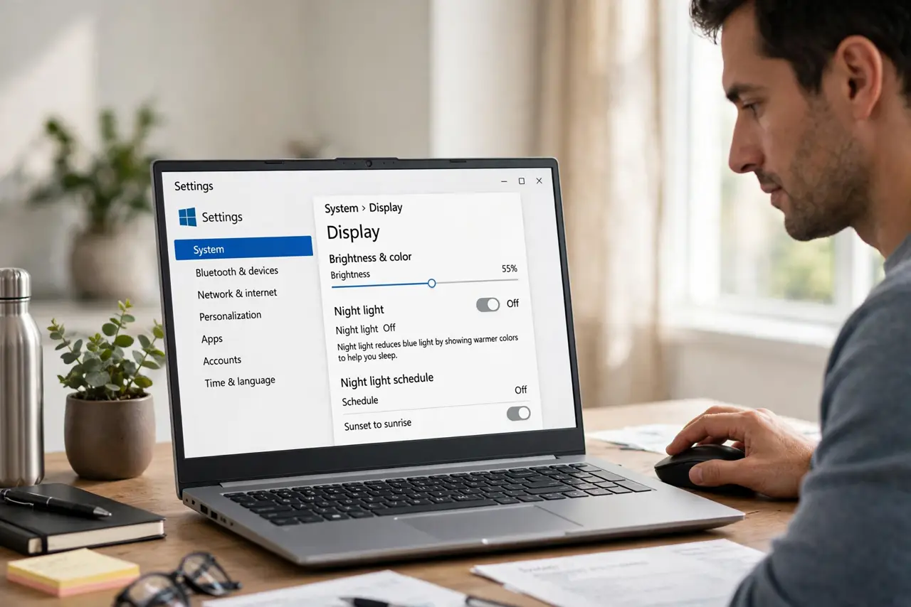 An adult turning off the Night light switch in Windows Display settings.