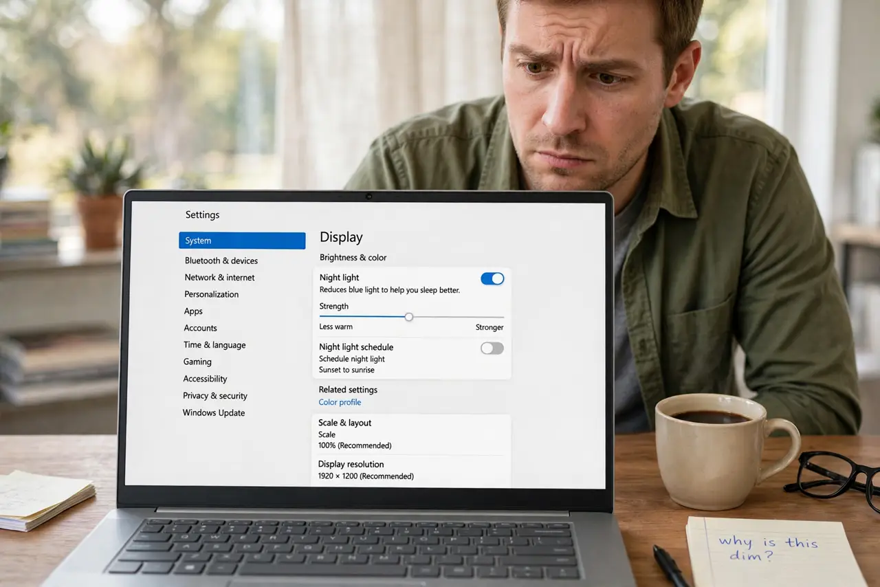 A puzzled adult looking at Windows Display settings where Night light stays on.