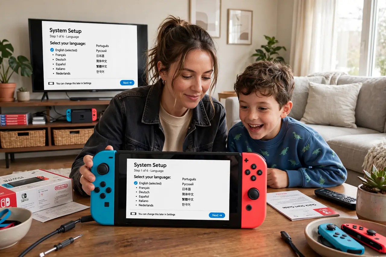 Photoreal photo: a person setting up a real Nintendo Switch with colorful Joy-Cons, the TV behind showing the Switch setup screen with legible text, a child watching excitedly beside, living room. No black screen, no blank white scree