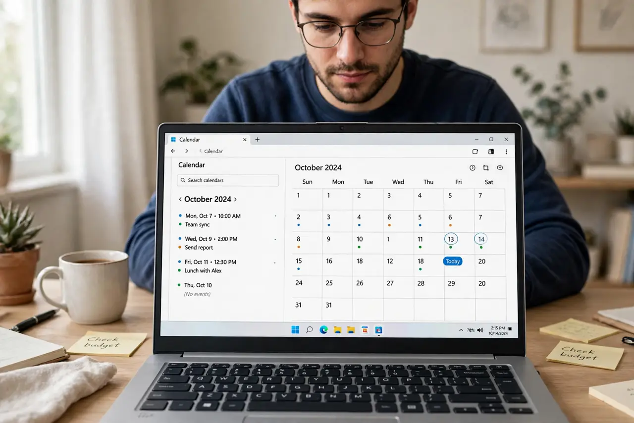 a person working deeply at a real laptop showing a clean calendar with one empty day and legible entries, the person's face calm and productive, home office.
