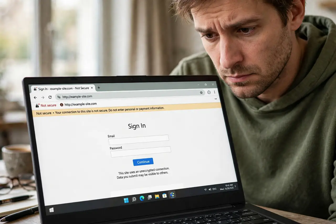 'Not Secure' Form Warning — a cautious adult looking at a real laptop showing a browser address bar with a Not Secure warning, the warning