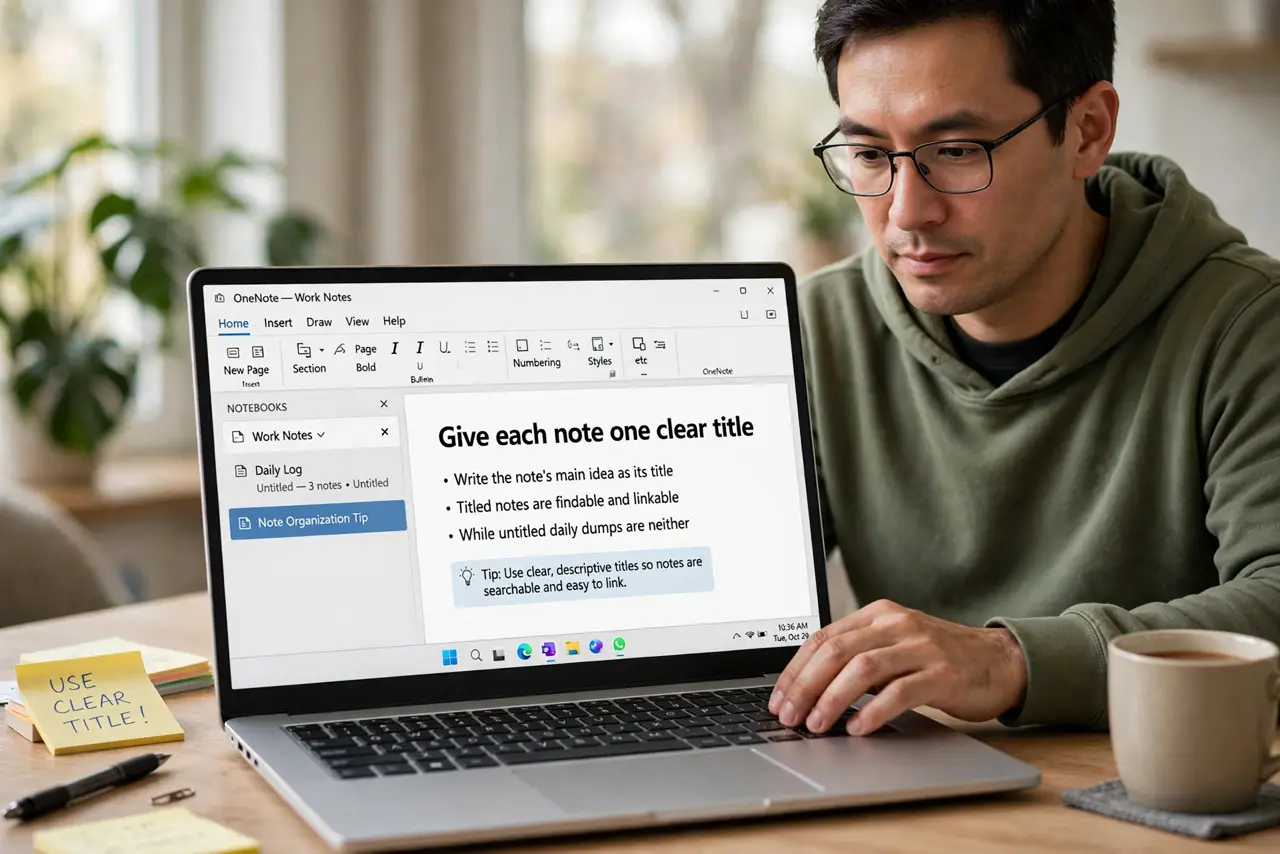 A person performing step 1 of the guide: Give each note one clear title. Write the note's main idea as its title. Titled notes are findable and linkable, while untitled daily...