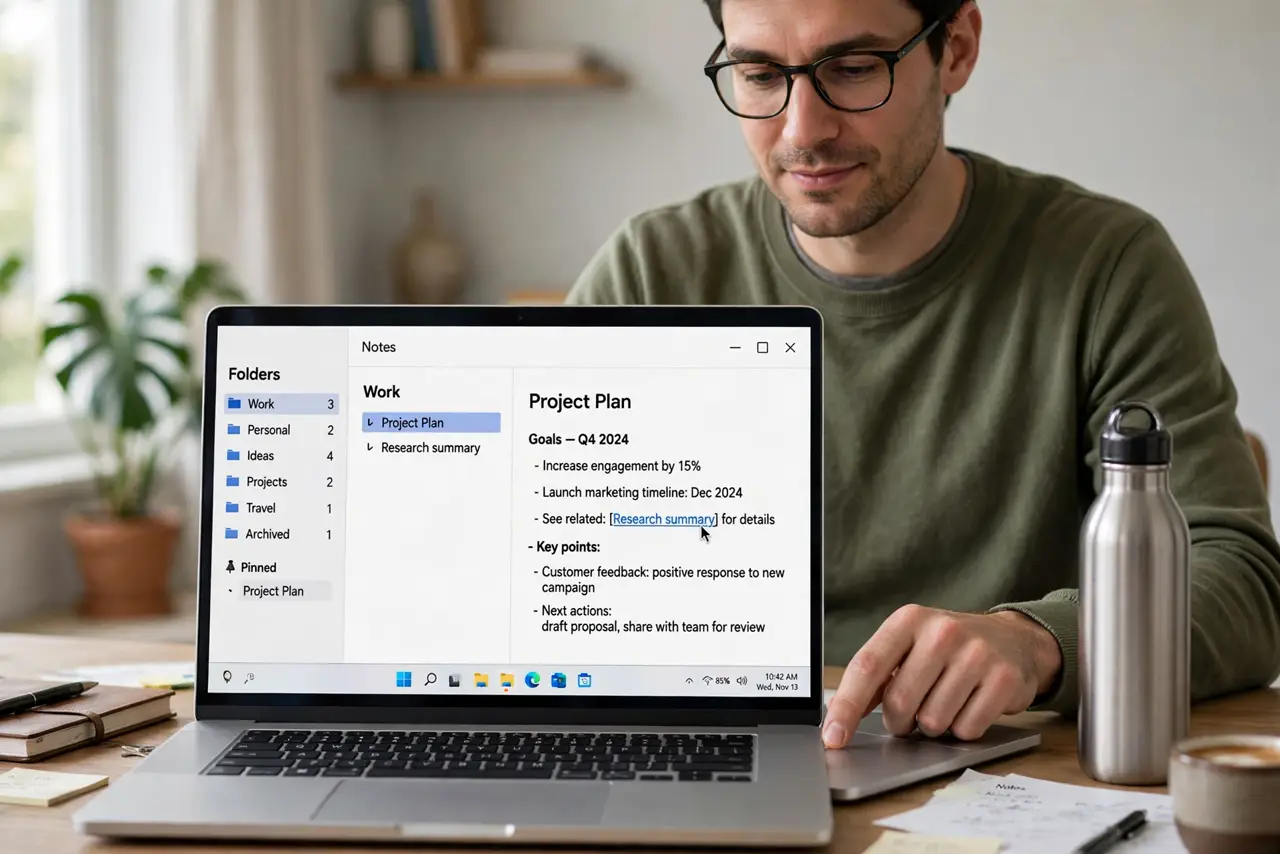 a calm adult at a desk with a real Windows laptop showing a normal notes app with legible linked notes and folder names, the person clicking a link between two notes
