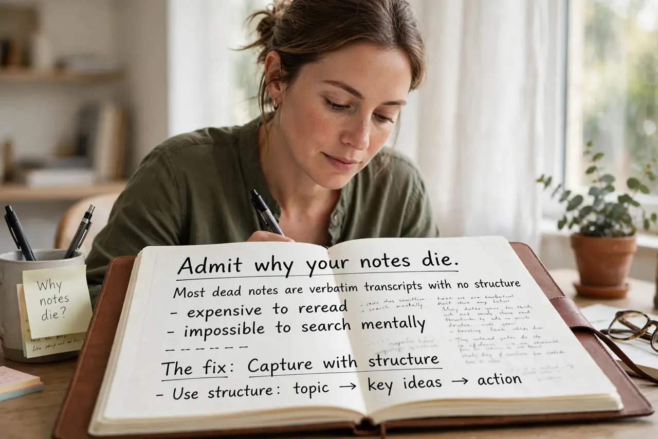 A person performing the guide's first step: Admit why your notes die. Most dead notes are verbatim transcripts with no structure — expensive to reread, impossible to search mentally.…