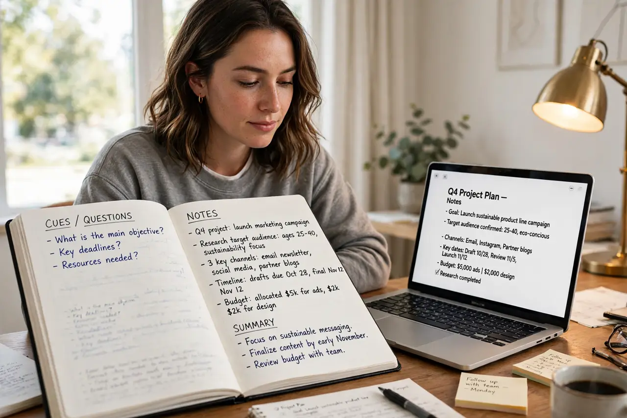 A person at a desk comparing a real notebook with structured Cornell-style notes and a laptop with legible digital notes, the person's face thoughtful, warm desk lamp..