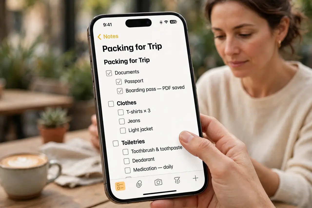 Checklists With Sub-Tasks — a calm adult building a nested checklist with sub-tasks in a notes app on a real phone, the checklist with ful