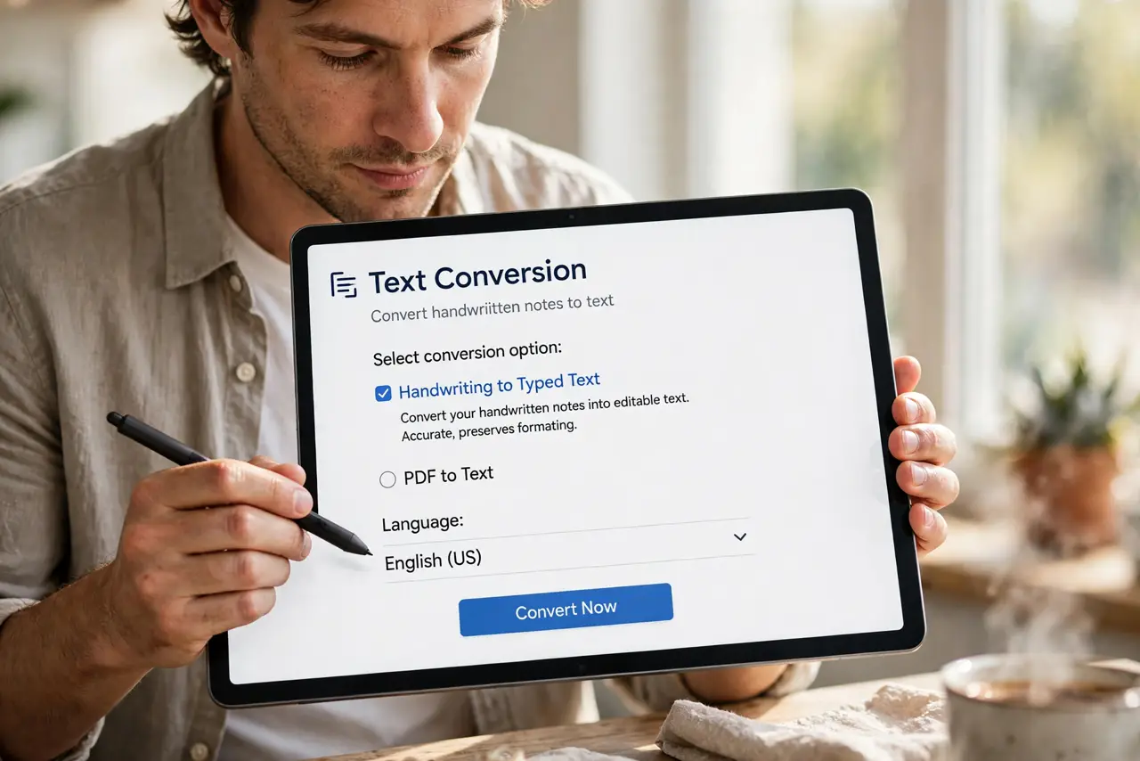 Person performing step 1: Check whether the note offers text conversion. Open the handwritten note and look for a convert to text, or copy as text, option. If the...