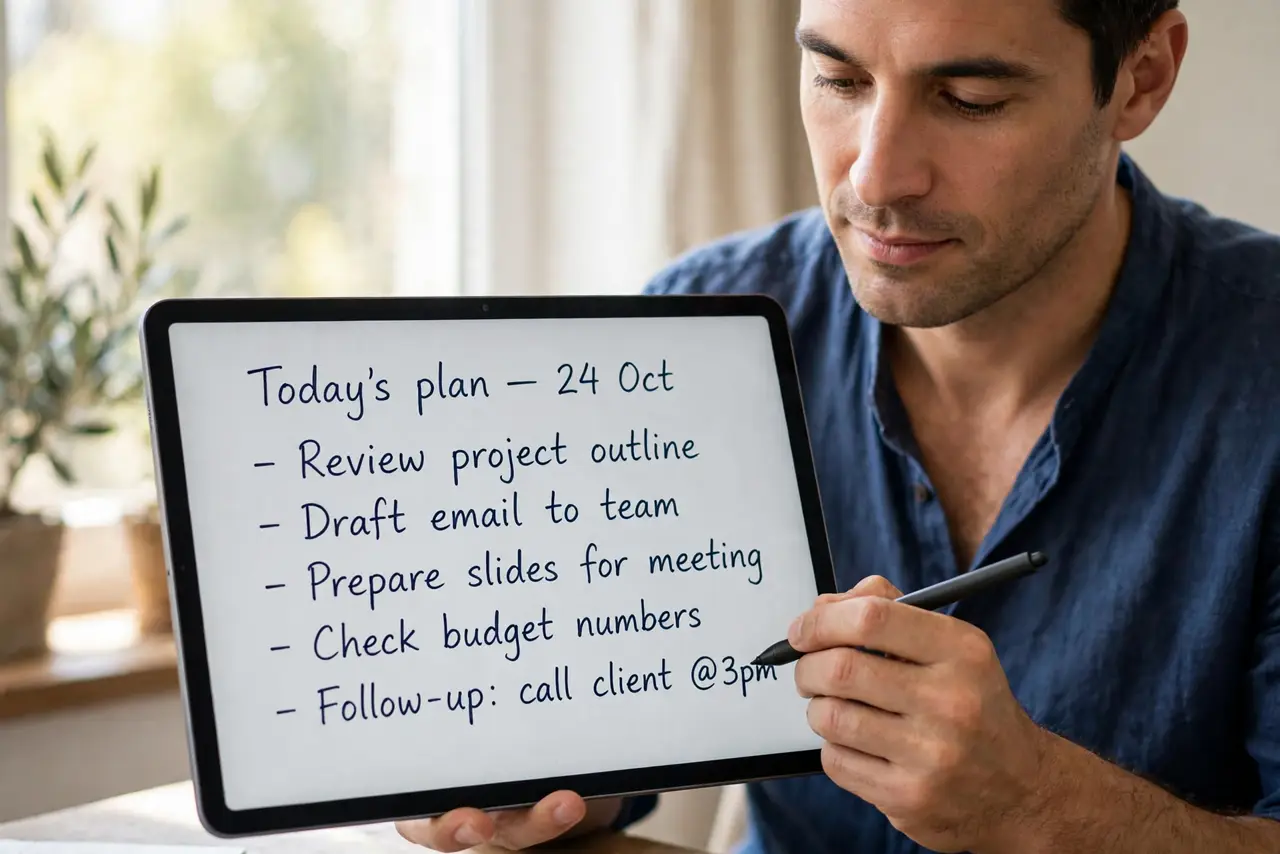 Photorealistic photo: A calm adult holding a real tablet with a stylus, a handwritten note visible on the tablet screen with clear handwriting, screen text legible.