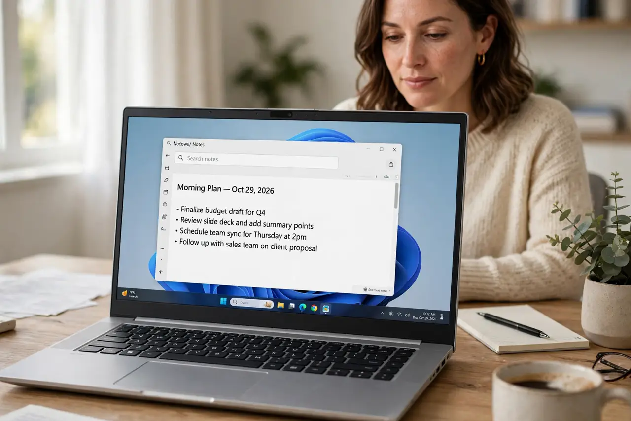 Photorealistic photo: A calm adult at a desk with a real Windows laptop, a notes app open on screen with a search box and a note visible, screen text legible.