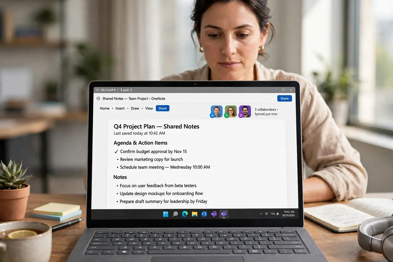 Photorealistic photo: A calm adult at a desk with a real Windows laptop, a shared notes app open on screen with collaborator avatars visible, screen text legible.