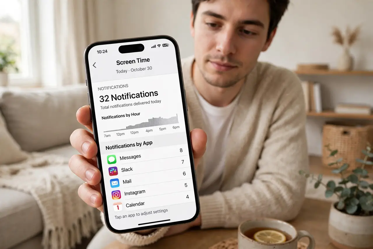 Photoreal photo of a person performing the first step: Count the damage first. Check Screen Time (iPhone) or Digital Wellbeing (Android) for your d...