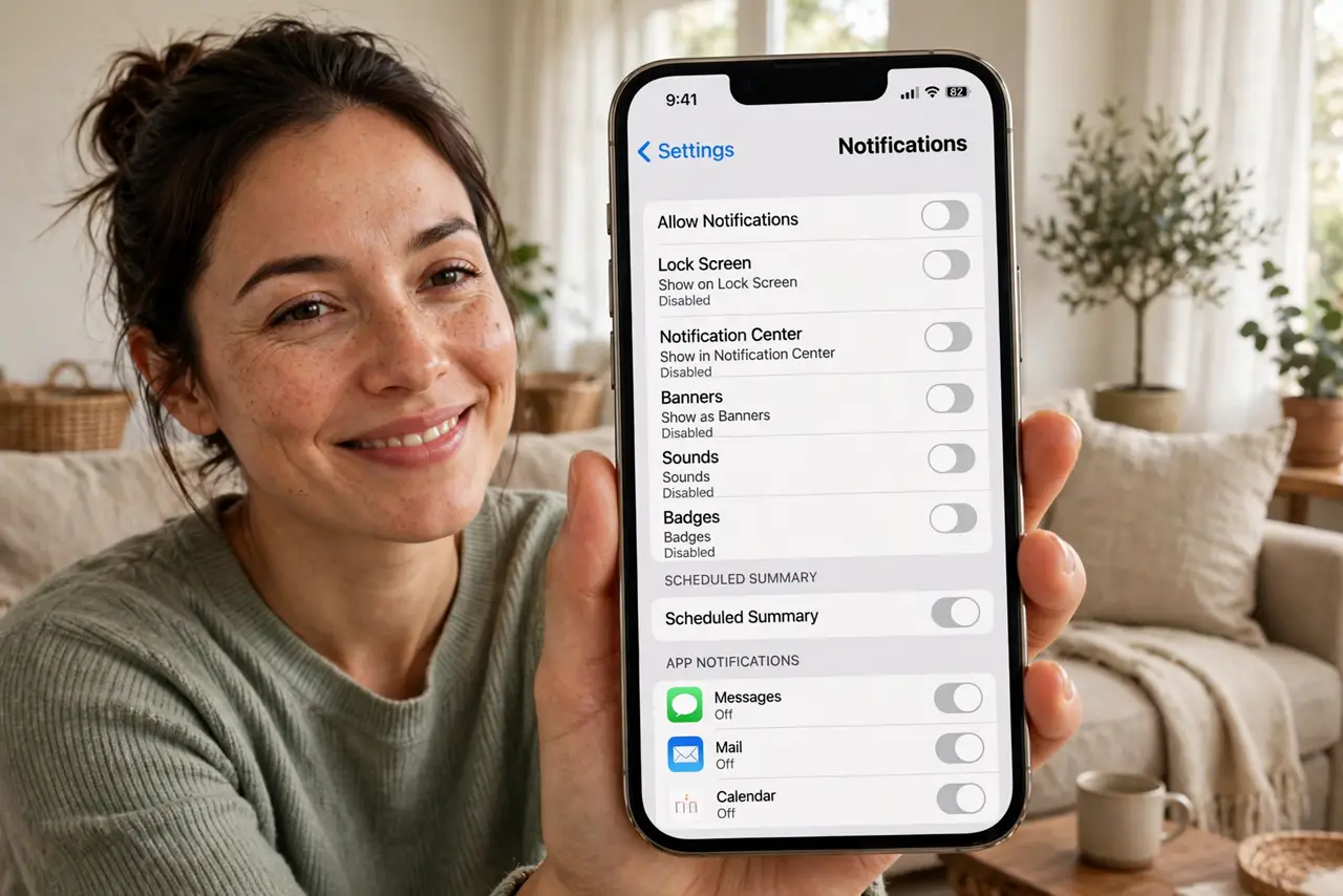 Photoreal photo: a person holding a real phone showing notification settings with many toggles turned off and legible labels, the person's face relieved, calm living room. No black screen, no blank white screen, no...