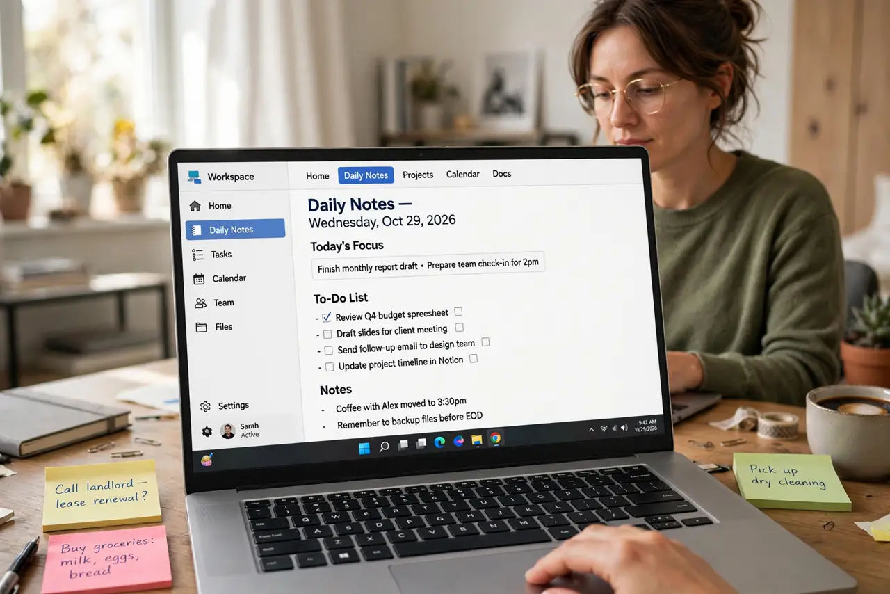 Photoreal photo of a person performing the first step: Make one page and use it daily. Create a single page called 'Daily Notes' and write in it every day. This one habit teaches you 80% of Notion — typing...