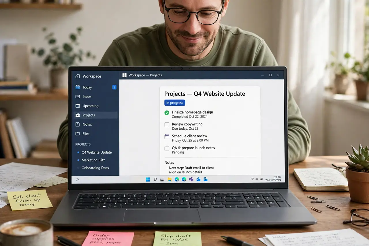 Photoreal photo: a person organizing a real laptop screen showing a clean workspace app with legible pages and a sidebar, sticky notes on the desk, the person's face focused and pleased, home office. No black screen, no 