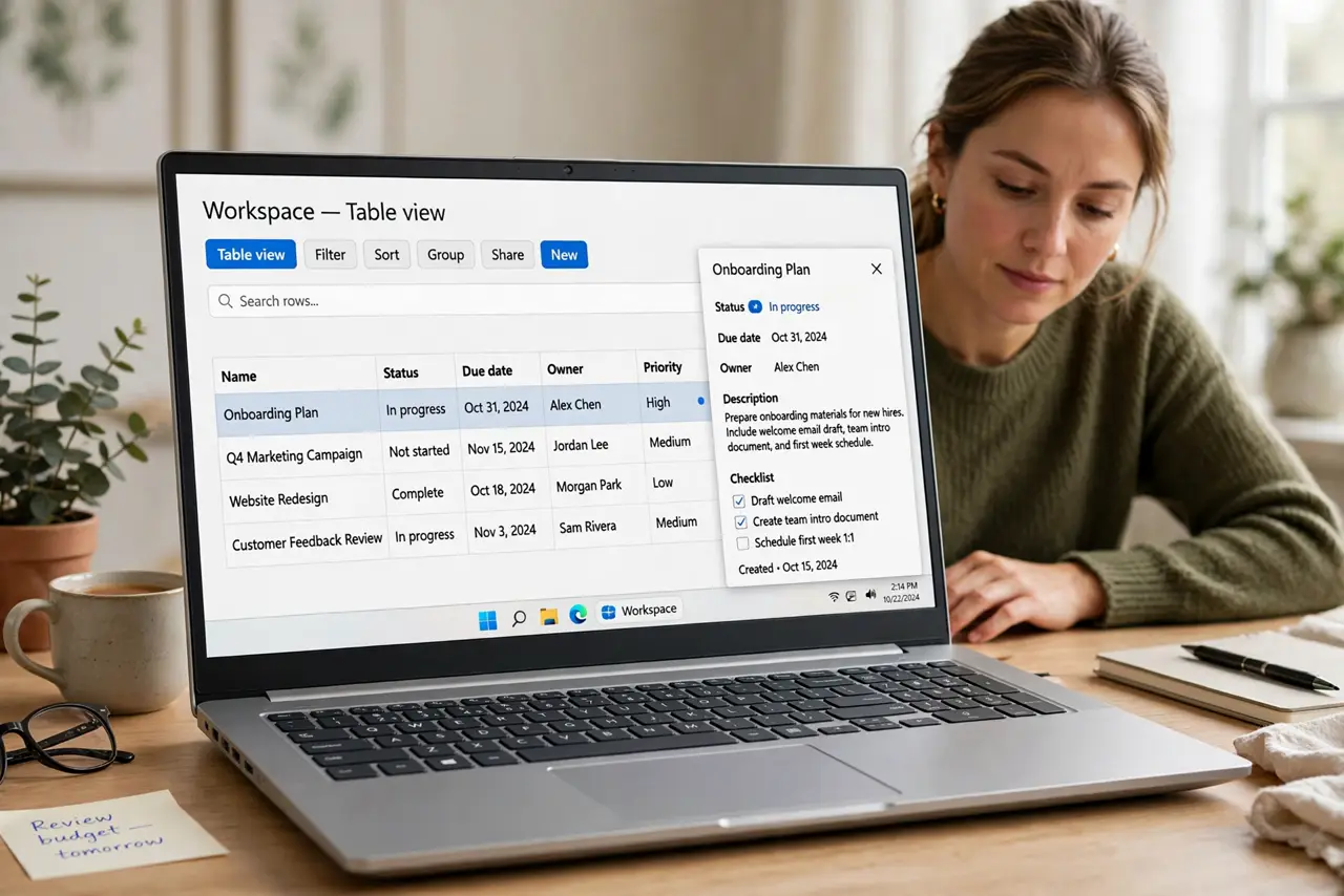 Photoreal photo of a person performing the first step: Start with a table view. Type /table and choose Table view. You get a spreadsheet-like grid — but click any row and it opens as a full page where you ...