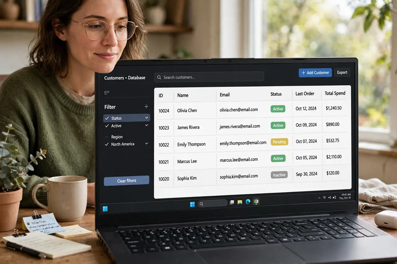 Photoreal photo: a person viewing a real laptop screen showing a clean database table with legible rows and a filter menu open, the person's face engaged and understanding, home office. No black screen, no blank white sc