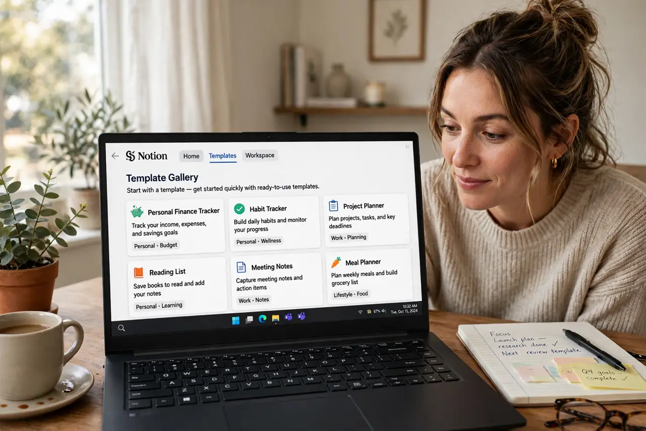 a person at a real desk with a laptop showing a legible Notion template gallery, the person's face relieved and curious, home office.