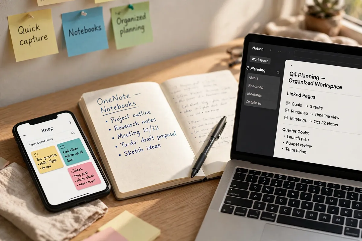 A bright wooden desk showing the three note-taking styles side by side: Google Keep quick notes on a phone, a handwritten OneNote-style notebook, and a Notion planning workspace on a laptop, with sticky notes on the wall.