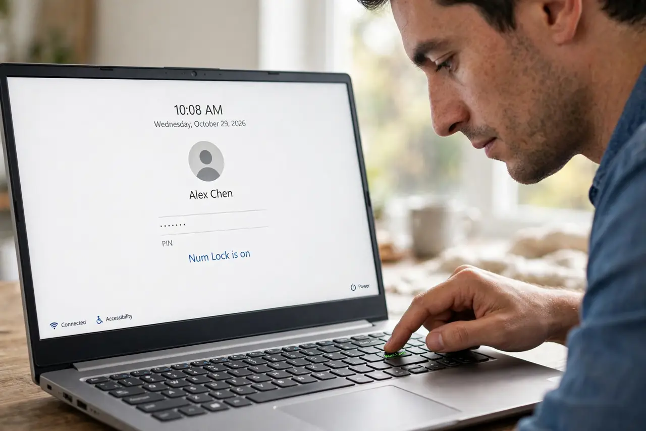 A focused man pressing the Num Lock key on the Windows sign-in screen.