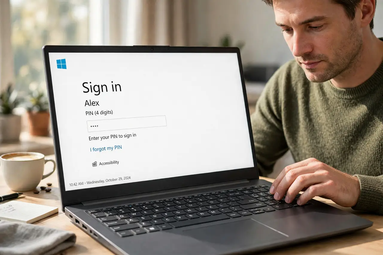 A calm man typing numbers on the keypad area of a Windows laptop at the sign-in screen.