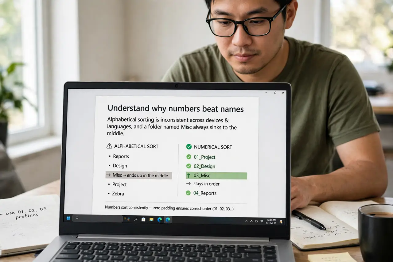 A person performing step 1: Understand why numbers beat names. Alphabetical sorting is inconsistent across devices and languages, and a fo.