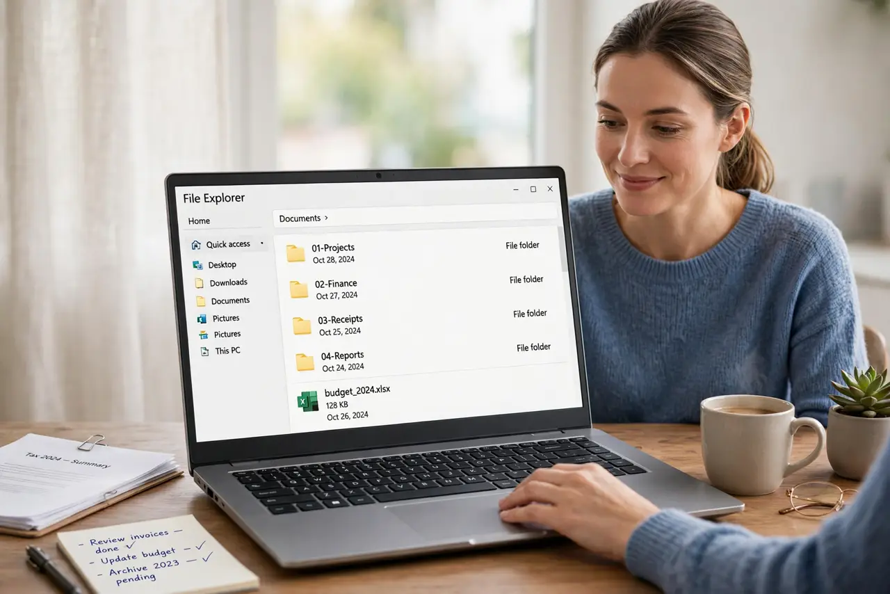A person organizing files on a real laptop, the screen showing a legible file browser with clearly numbered folders like 01-Projects and 02-Finance, the person's face satisfied, tidy.