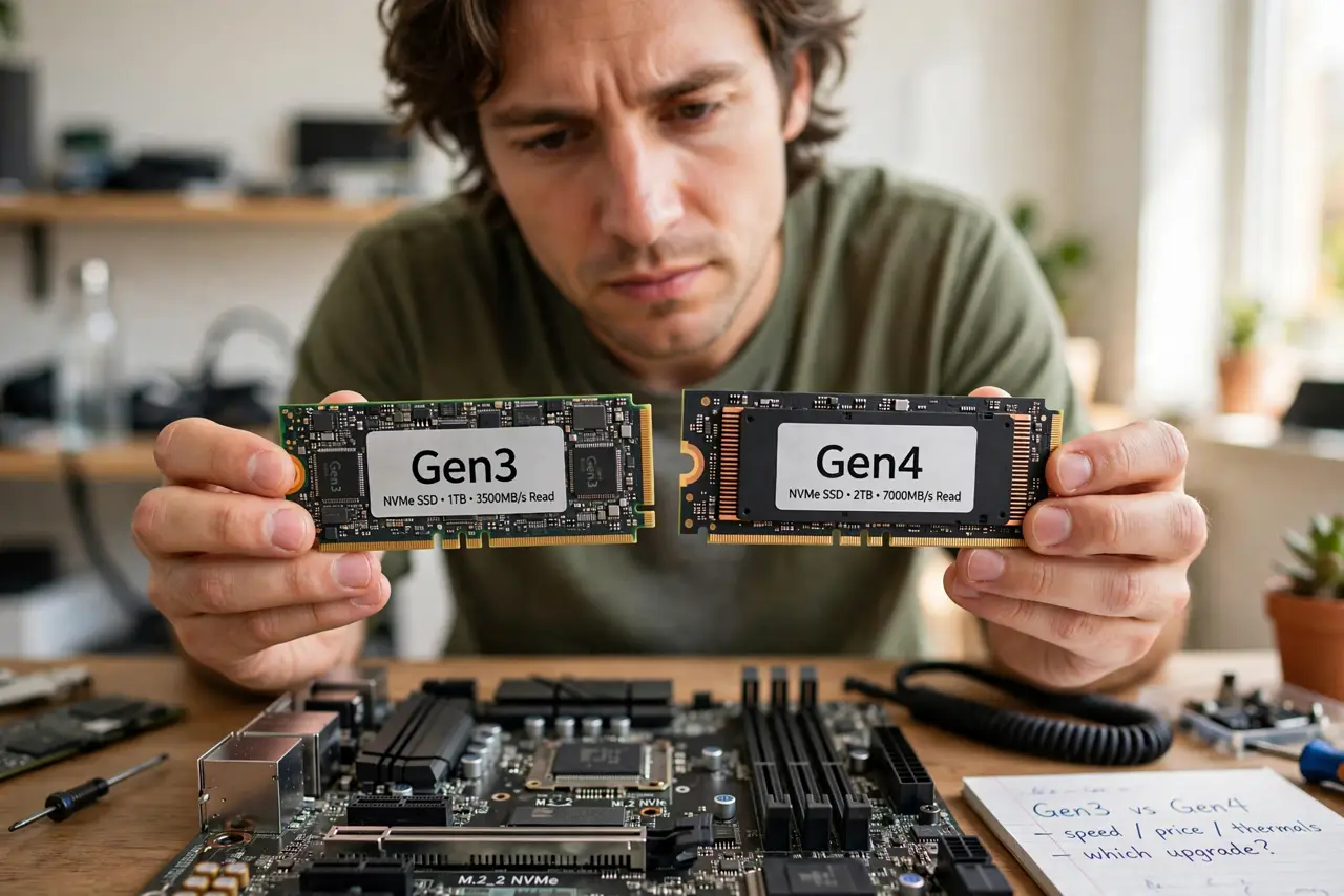 a person holding two real M.2 NVMe SSDs side by side, one labeled Gen3 and one Gen4, a real motherboard with an M.2 slot visible on the desk, the person's face comparing thoughtful.