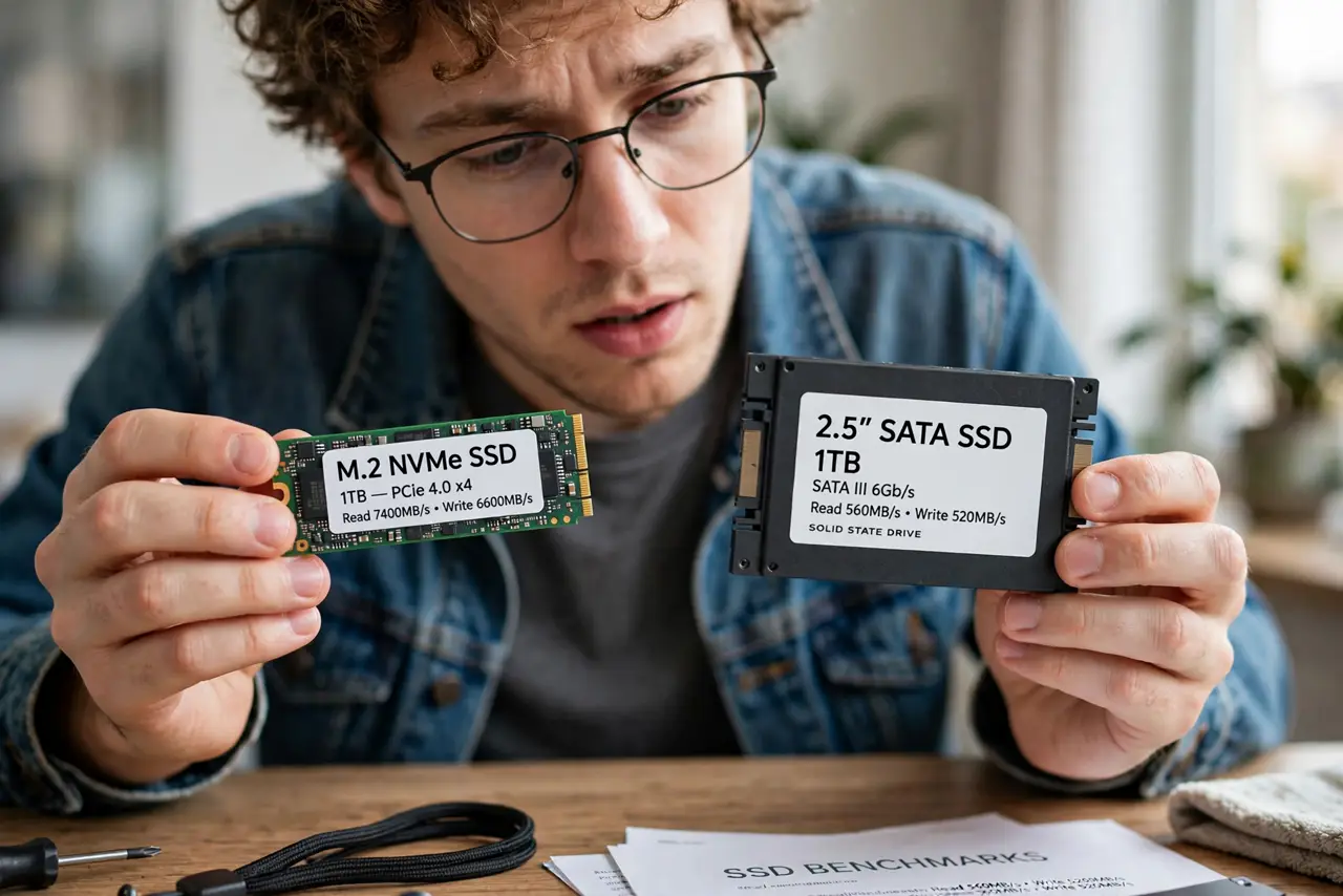 A person holding a real M.2 NVMe SSD stick in one hand and a real 2.5-inch SATA SSD in the other, both clearly visible