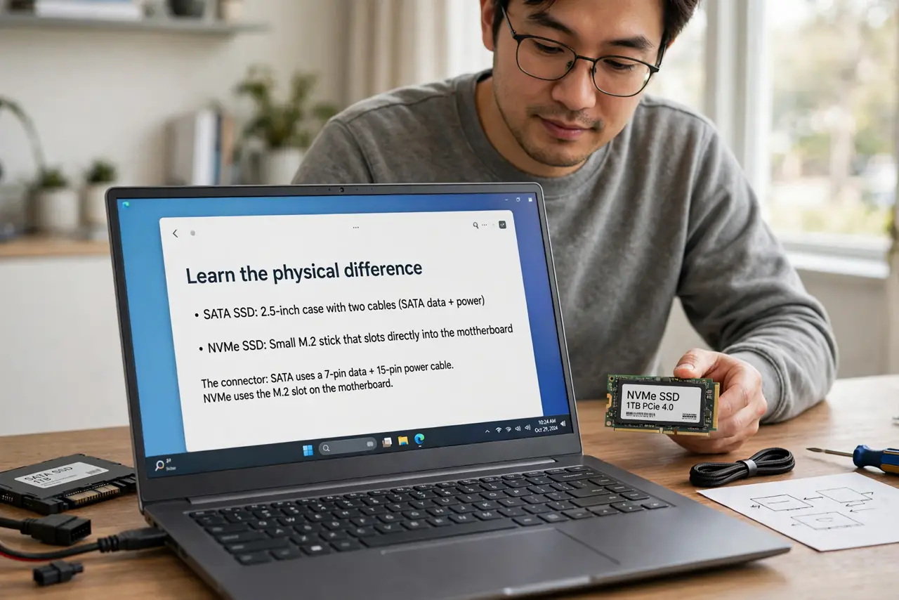 A person performing step 1: Learn the physical difference. SATA SSDs come in 2.5-inch cases with two cables; NVMe drives are small M.2 sti.