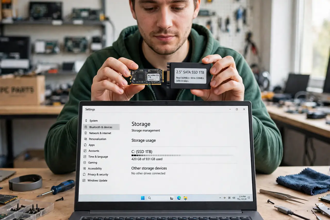 A person holding two real SSDs side by side — a small M.2 stick and a 2.5-inch SATA drive — above an open PC case, the person's face.