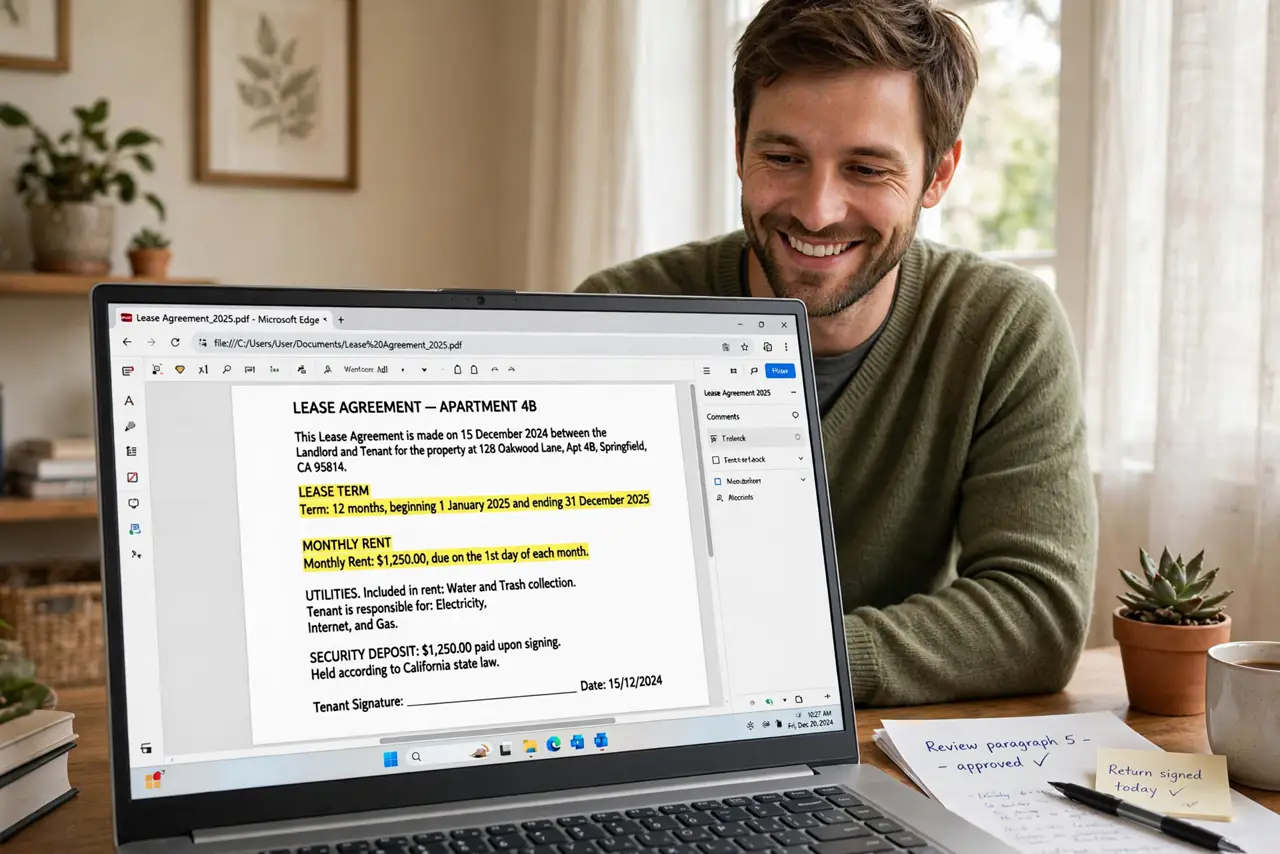 a person at a real desk with a laptop showing a scanned document with legible selectable text highlighted, the person's face pleased, home office.