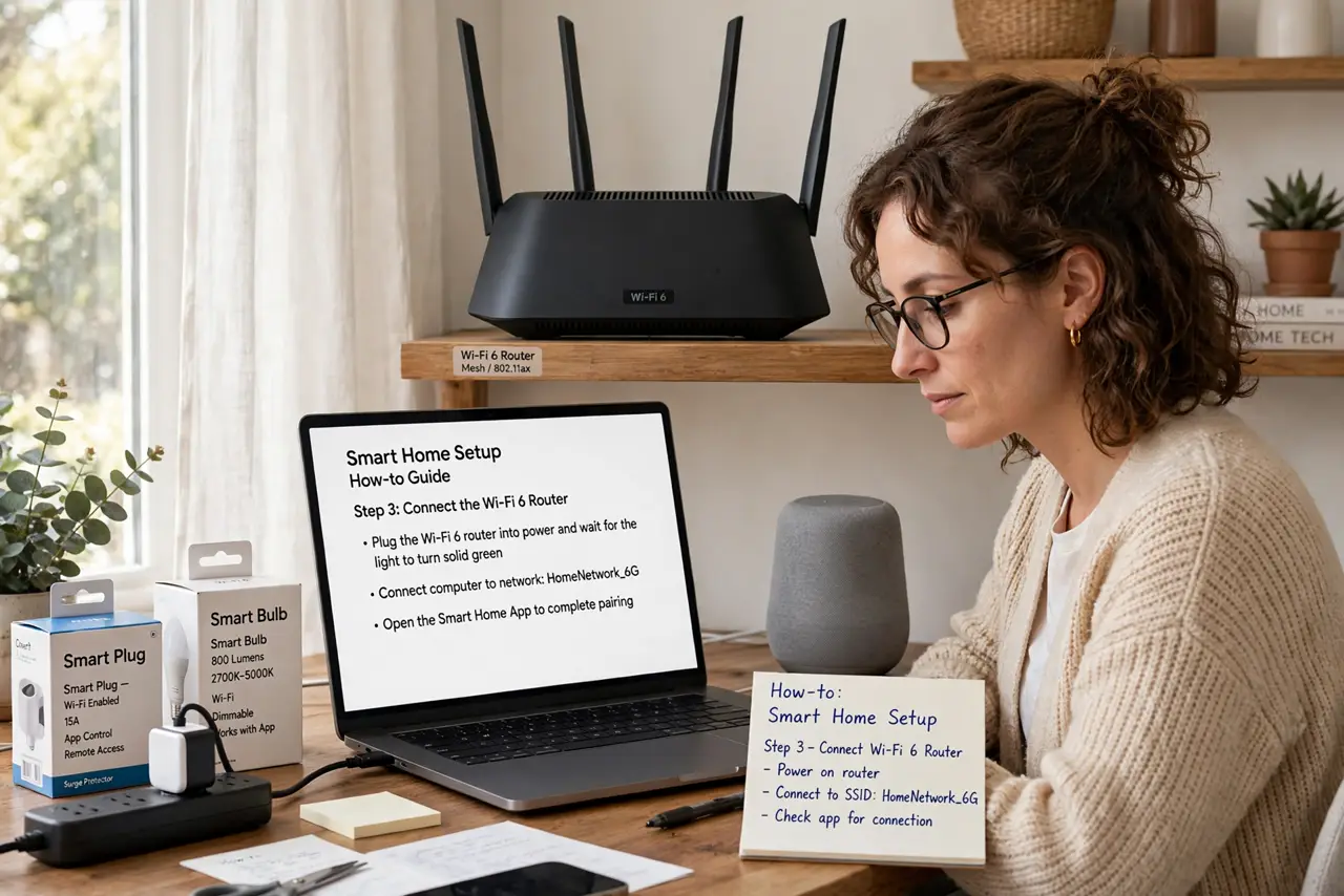 a person in a real home office with many small real smart devices around (bulbs, plugs, a speaker) and a real Wi-Fi 6 router on a shelf, the person's face in...