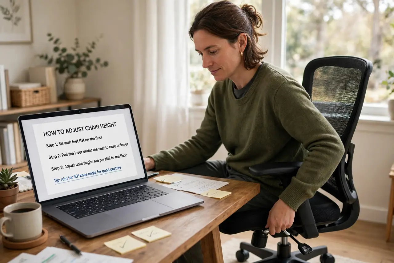 a person adjusting a real office chair's height lever while sitting with good posture, the chair clearly visible, the person's face comfortable, home office.