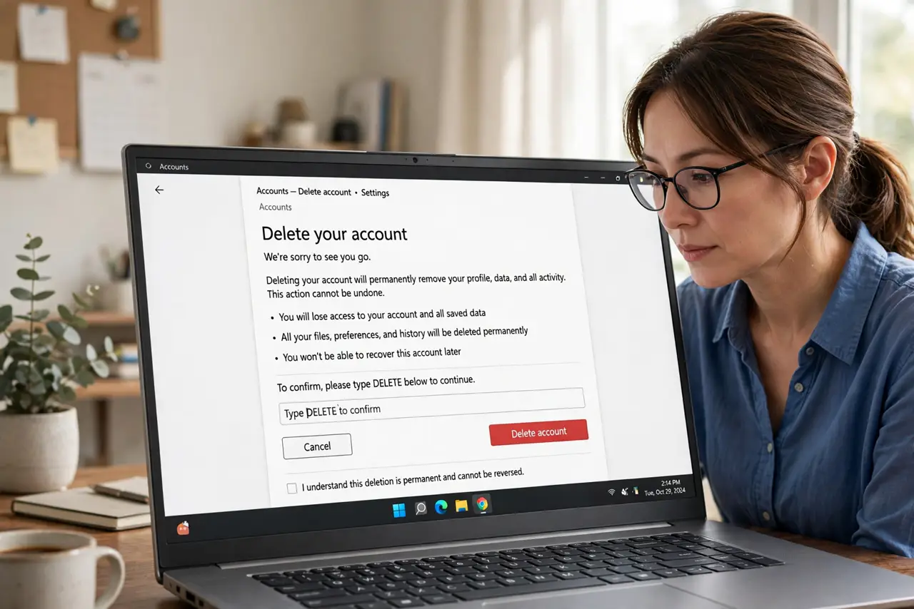 a person looking at a real laptop showing an account deletion confirmation page with legible text, the person's face determined, home office.