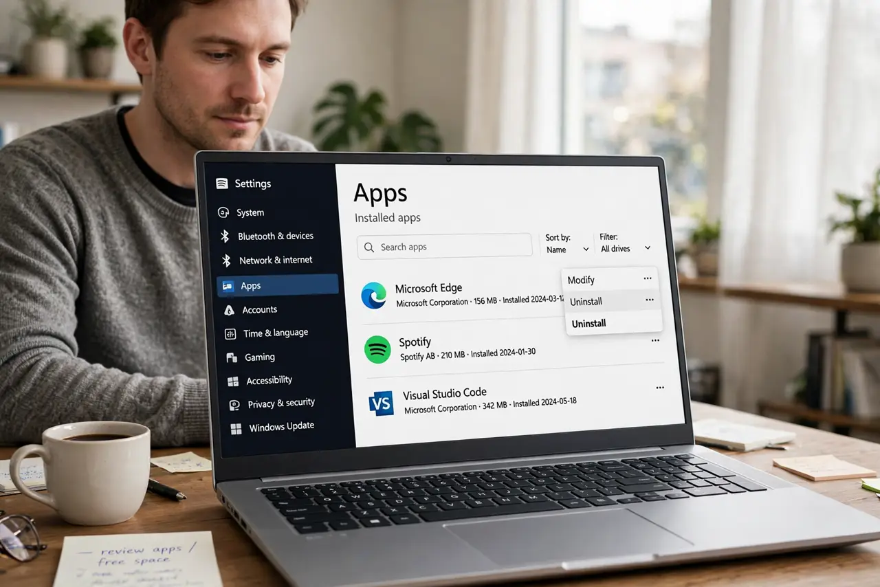 a calm adult at a desk with a real Windows laptop, the Windows Installed apps screen with an Uninstall option clearly visible and legible on the real laptop screen.
