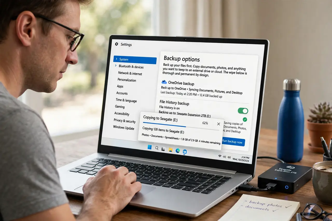 A person performing step 1 of the guide: Back up your files first. Copy documents, photos, and anything you want to keep to an external drive or cloud. The wipe below is...