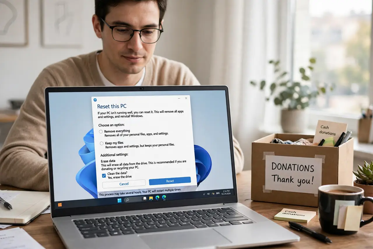 a calm adult at a desk with a real laptop, the screen showing a normal system recovery screen with an erase option and legible text, a donation box nearby