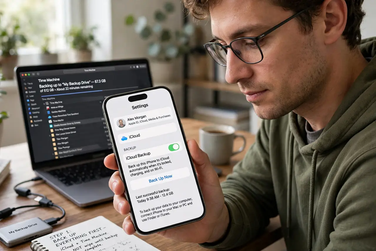 A person performing step 1 of the guide: Back up everything first. Run a full backup to your computer or cloud before touching anything — the same backup-first rule as wiping a...
