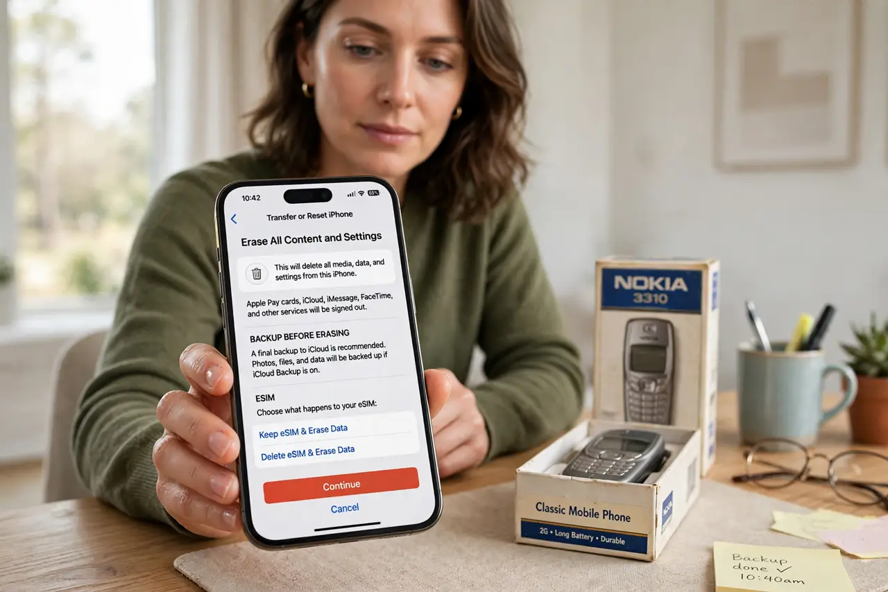 a calm adult at a desk holding a real iPhone showing the normal erase settings screen with legible text, a boxed old phone beside it on the table