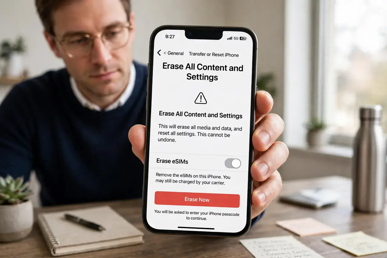 Wipe Your Old Phone Before Trade-In — a methodical adult at a desk holding a real iPhone showing the 'Erase All Content and Settings' screen with fu