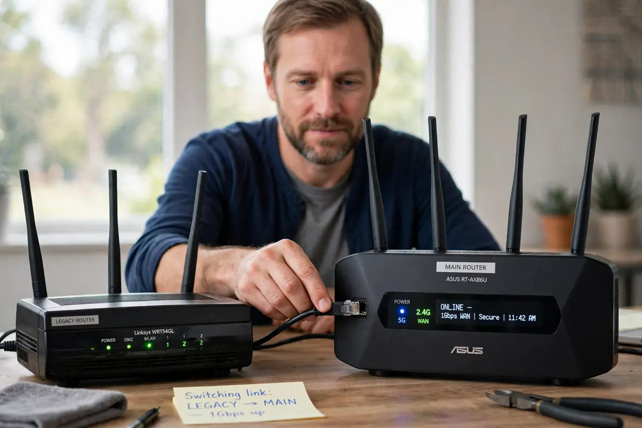 Turn an Old Router Into an Access Point — a calm adult connecting a real ethernet cable between a real old router and a real main router on a desk, both