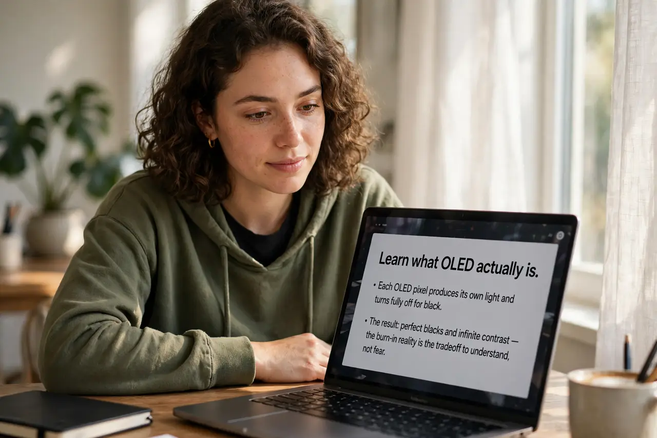 A person performing the first step of the guide: Learn what OLED actually is.