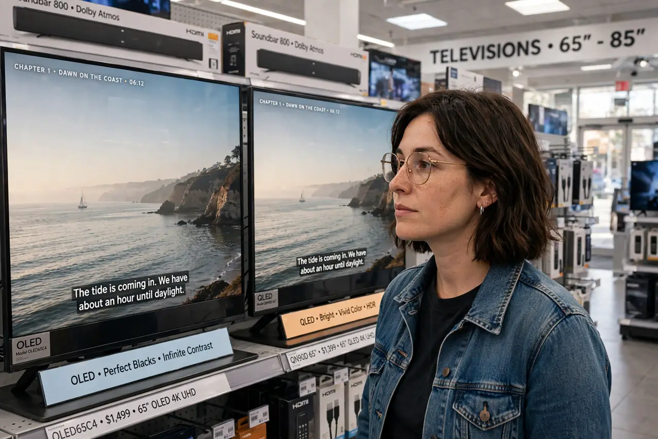 a person in a real electronics store aisle comparing two real TVs side by side, one OLED and one QLED, both showing the same legible movie scene, the person's face thoughtful, bright store.