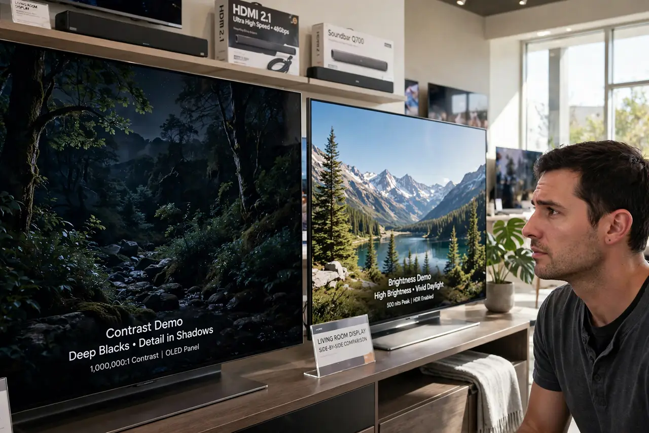 a person watching two real TVs side by side in a store-like living room, one showing deep blacks with legible detail, the person's face comparing. No black screen, no blank white s.
