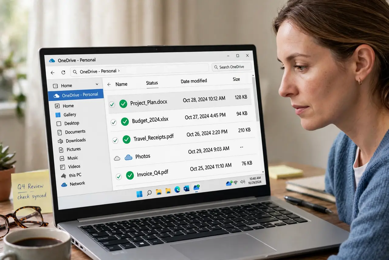 A focused woman checking the OneDrive status column in File Explorer.